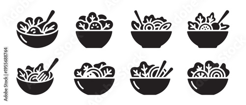 Set of Black Salad Bowl Icons. Fresh Greens, Healthy Food, and Dining Utensils.