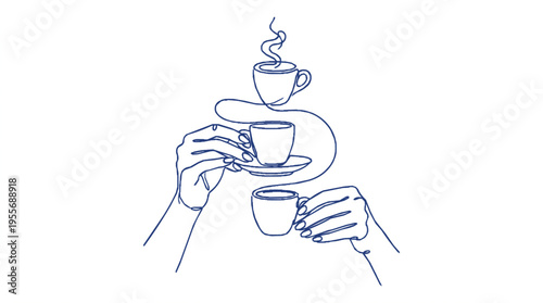 Hands holding blue coffee cups and saucer line art poster with steam rising