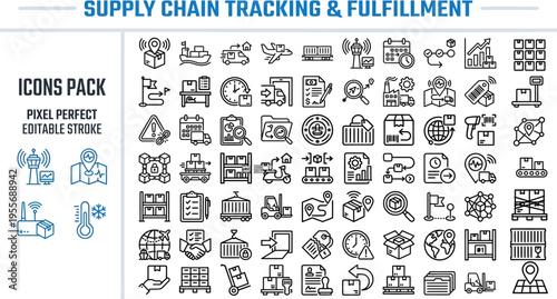 Supply Chain Tracking & Fulfillment Icon Set Pack — Logistics, Warehouse, Delivery, Pixel Perfect Editable Vector