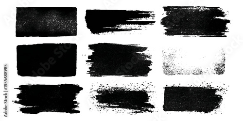 Grungy brush stroke texture set with black paint splashes. ink stains rough artistic background creative design.