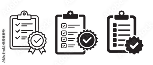 Clipboard Checklist and Verified Approval Badges Icon Set. in Flat Design Black and White Vector Illustration.