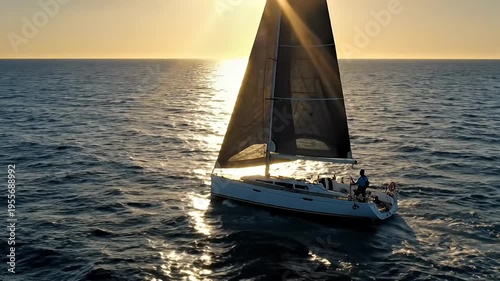 Sailboat gliding across ocean waves at sunset with golden sunbeams reflecting on the water