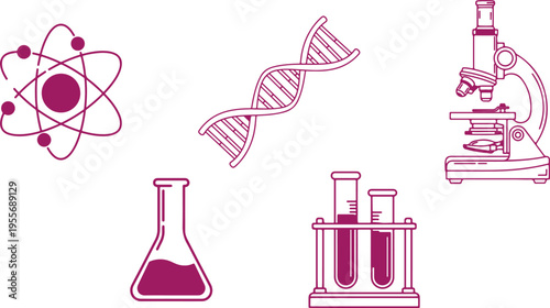 Scientific Icons: DNA, Atom, Microscope, Beaker, Test Tubes