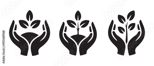 Progressive Growth of Plant in Cupped Hands Black Silhouette Vector Illustration.