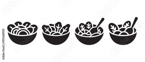 Black silhouette bowls of salad on a white background, including leaf greens and round ingredients, with spoons in two bowls.