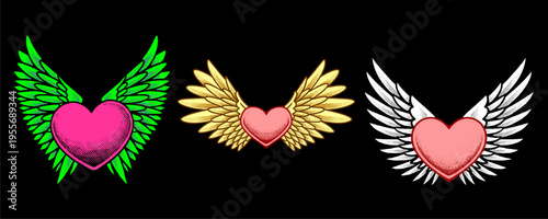 Set of Three Heart Icons with Various Angel Wing Colors Including Green and Gold Accents.