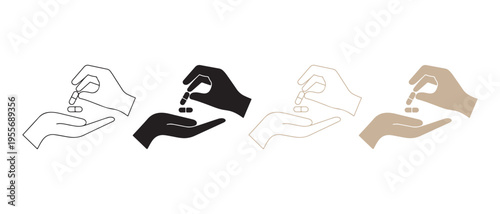 Hand icons offering pills, capsules, and medication with different skin tones and styles.
