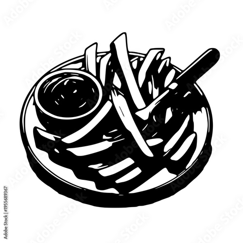 A plate of fries with a dipping sauce