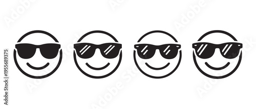 Cool Smiley Face Icons with Sunglasses, Modern Vector Illustration on White Background.