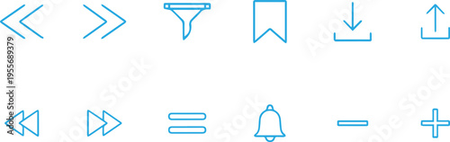Blue Outline Icons Set: Navigation, Actions, and Controls on White