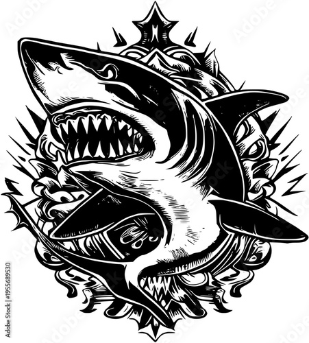 A black and white drawing of a shark with its mouth open