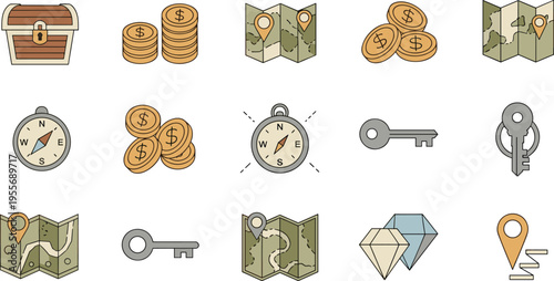 Treasure and Navigation Icon Set with Maps Compass Coins Keys and Chest, Adventure Collection for Game Design, Exploration Themes, and Nautical Illustration