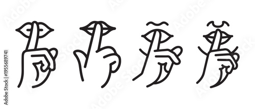 Silence please gesture with finger on lips, minimalist black line art in flat design vector illustration.