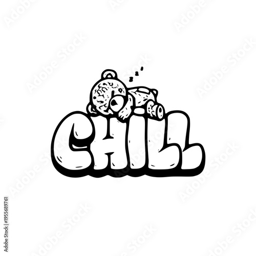 A cartoon panda bear resting on the word chill