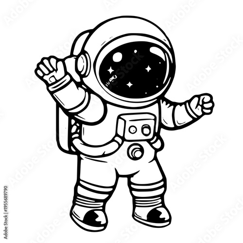 A cartoon astronaut standing with one hand raised