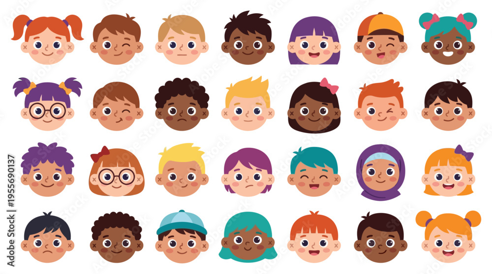 Fototapeta premium Diverse children avatars in flat cartoon style | Collection of multiethnic boy and girl character heads for school and education profile icons