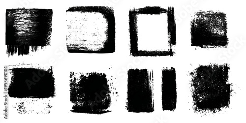 Grungy brush stroke texture set with black paint splashes. ink stains rough artistic background creative design.