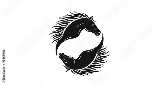 Black Silhouette of Two Dynamic Horses in a Circular Yin Yang Style on Isolated White Background