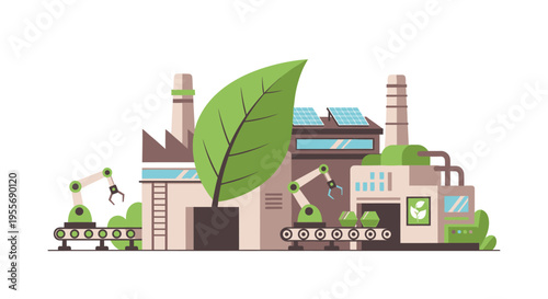 Sustainable Green Factory: Eco-Friendly Industry with Solar Panels, Robotic Automation & Clean Production Technology