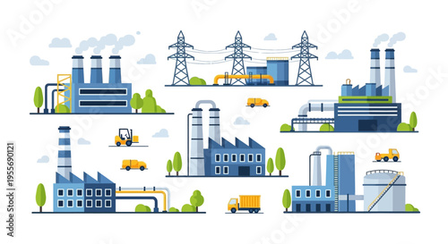 Industrial Landscape Flat Design Vector: Factories, Power Plants, Trucks & Infrastructure Elements
