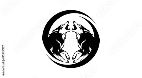 Yin and Yang symbol with two howling wolves, one black and one white, in a fierce circular design on an isolated white background.