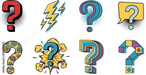 Question mark vector set colorful pop art symbols mystery confusion icons comic style punctuation design collection