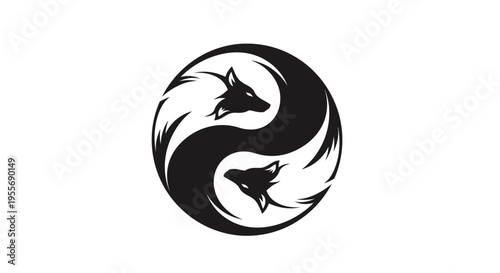 Yin and Yang symbol with two stylized foxes, one black and one white, in a dynamic circular design on an isolated white background.