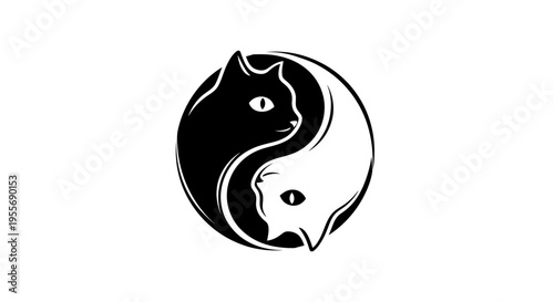 Yin and Yang symbol with two cats, one black and one white, in a charming circular design on an isolated white background.