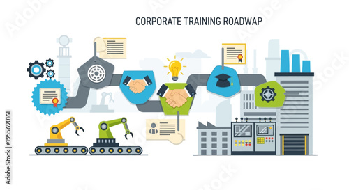 Corporate Training Roadmap Illustration: Professional Development Journey, Skill Enhancement, and Business Growth Process with Industrial Elements