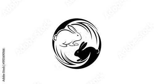 Yin and Yang symbol with two rabbits, one black and one white, in a circular design on an isolated white background.