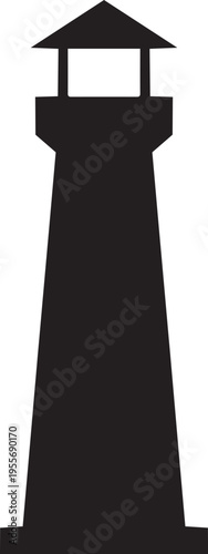 Minimalist black lighthouse silhouette icon on a clean white background representing safety guidance and coastal navigation for maritime travel logos or ocean themed nautical graphic design projects a
