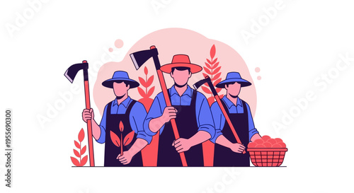 Vector illustration of three farm workers standing united in solidarity with farm tools and a basket, celebrating labor rights and farmworker unity with a warm and supportive mood