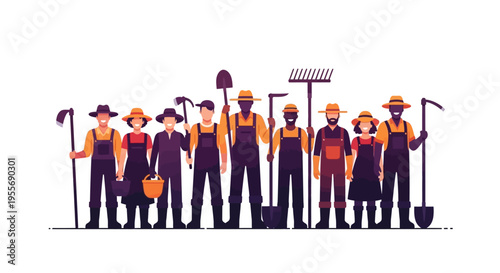 Vector illustration of a diverse group of farmworkers standing united in solidarity, celebrating labor rights and worker empowerment with tools and equipment, promoting social justice