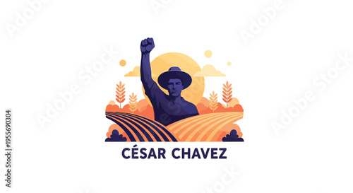 Vector illustration of a farmworker in solidarity, celebrating Cesar Chavez Day with a raised fist, set against a vibrant orange and yellow background with fields and buildings