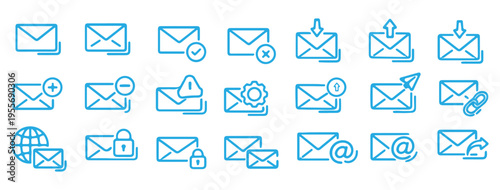 Mail vector icon set. Email, post, letter, envelope, newsletter collecton isolated on white. Line outline thin flat design, adapted e-mail icon set for web, web site, mobile app