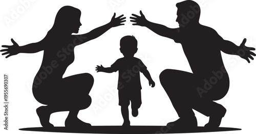Solid black silhouette of happy family with father mother and small child playing together isolated on white background for parenting support insurance concept childhood growth protection love and uni
