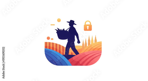 Vector illustration of a farmer standing in a field with a bundle of crops, symbolizing farmworker unity and labor rights on Cesar Chavez Day, with a colorful and celebratory design