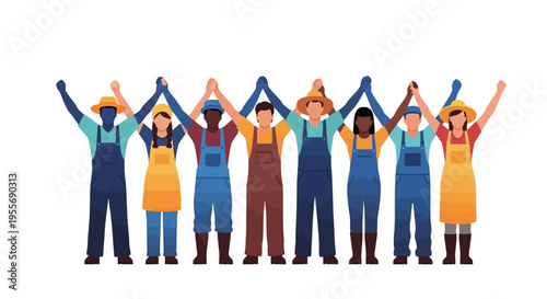 Illustration of diverse farm workers and laborers standing united with raised arms in solidarity, celebrating Cesar Chavez Day and farmworker rights with a vibrant and hopeful mood
