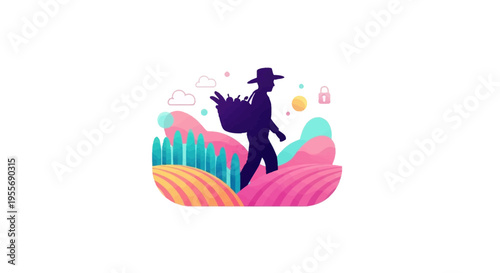 Vector illustration of a farmer standing in a colorful field with a silhouette of Cesar Chavez for a farm workers' rights tribute poster, promoting labor rights and farmworker unity