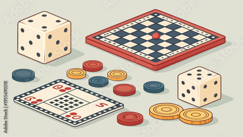 A colorful vector illustration of a game night setup with dice, cards, and a checkerboard