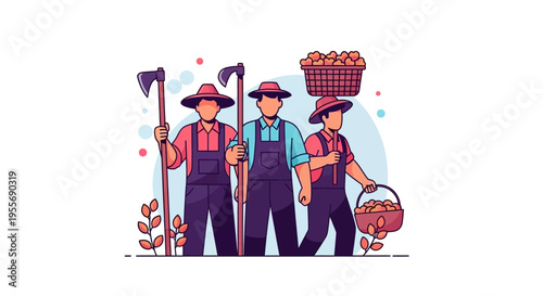 Vector illustration of three farm workers standing together in solidarity, celebrating Cesar Chavez Day with farm tools and a basket of produce, promoting labor rights and worker