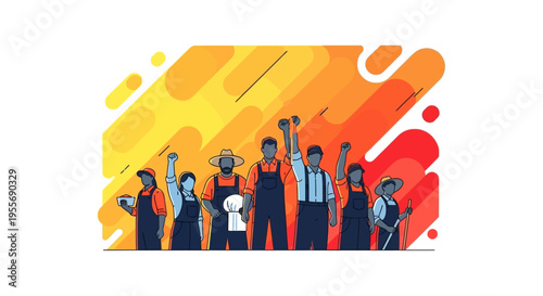 Illustration of diverse farm workers and laborers standing united in solidarity with raised fists, celebrating Cesar Chavez Day and farmworker rights with a vibrant orange and yellow