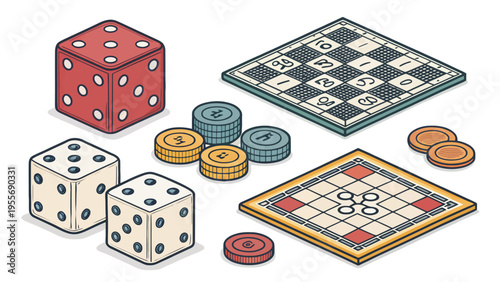 A colorful illustration of various board game components and accessories