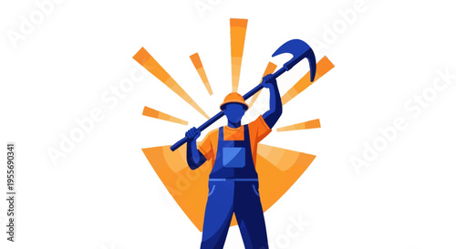 Illustration of a farm worker in blue overalls holding a hoe, celebrating labor rights and farmworker unity with a silhouette design on a white background