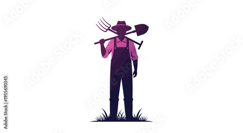 Vector illustration of a farm worker in a pink shirt and purple overalls standing with farming tools, symbolizing labor rights and farmworker unity on Cesar Chavez Day