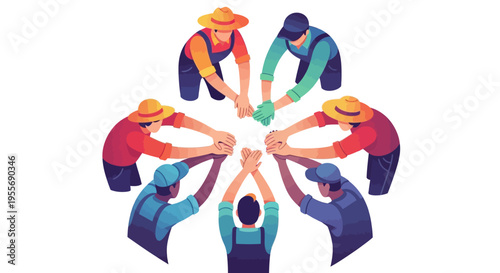 Illustration of diverse farm workers and laborers standing in a circle with joined hands, celebrating Cesar Chavez Day and farmworker unity with a vibrant, solidarity poster design