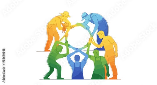 A vibrant illustration of diverse people forming a circle and holding hands in solidarity and teamwork, celebrating farmworker unity and labor rights with colorful silhouettes