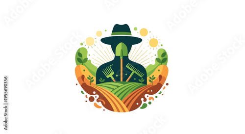 Vector illustration of a farmer standing proudly in a field with a silhouette of Cesar Chavez Day celebration, promoting farmworker unity and labor rights with a vibrant design