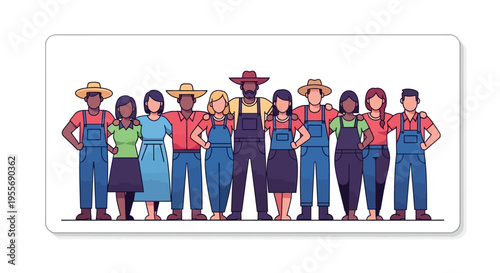 Diverse group of farm workers standing united in solidarity, celebrating Cesar Chavez Day with a tribute poster design for labor rights and farmworker unity