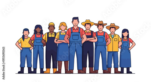 Illustration of diverse farm workers and laborers standing united in solidarity, celebrating Cesar Chavez Day with a vibrant and colorful design
